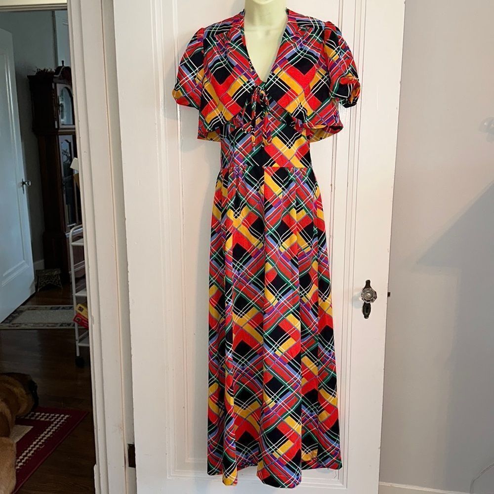Vtg  70s Haypenny‎ plaid knit polyester halter maxi dress /short sleeve jacket